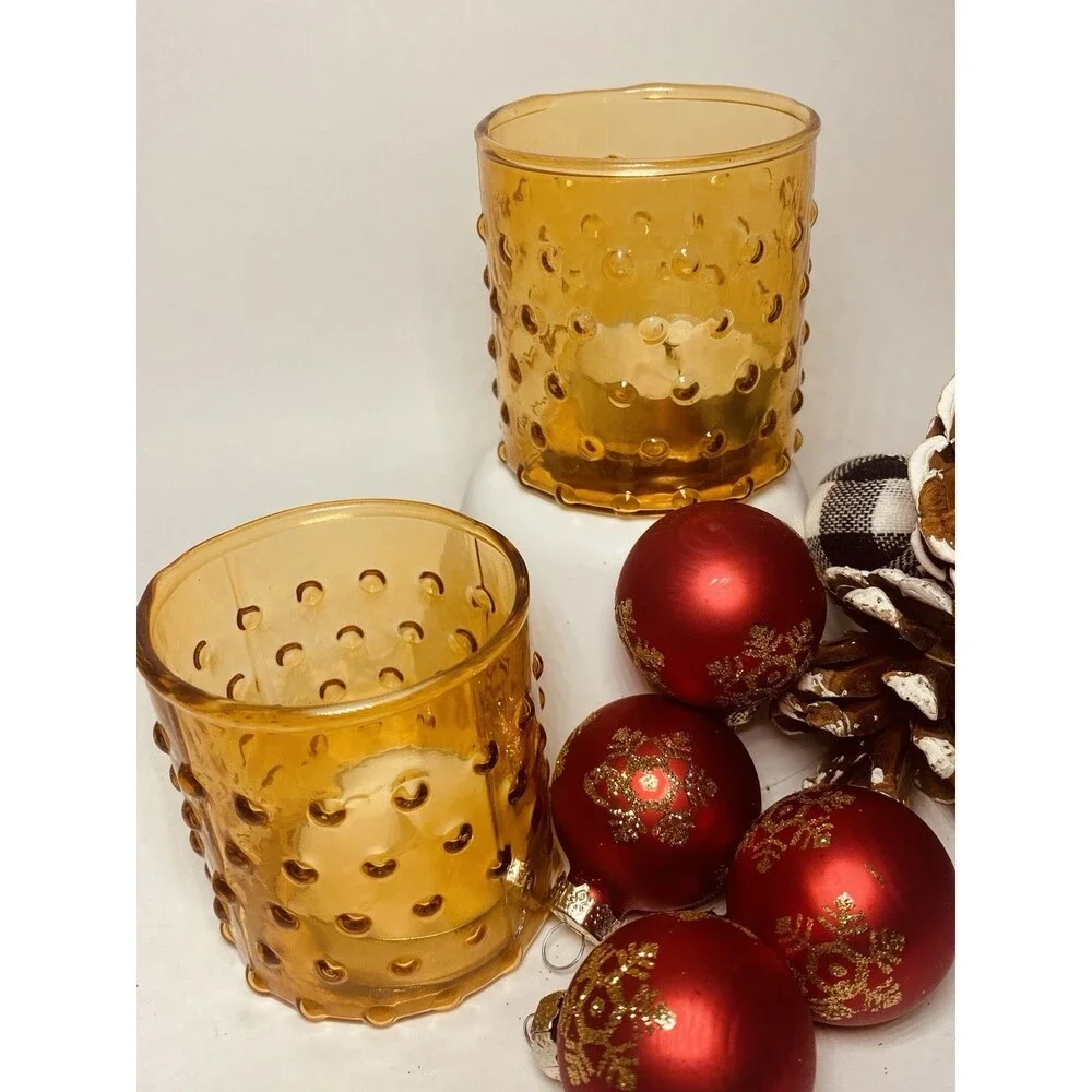 4 Hobnail Amber Glass Votive Tea Light Christmas Holiday Candle Holders 2.5” NIB